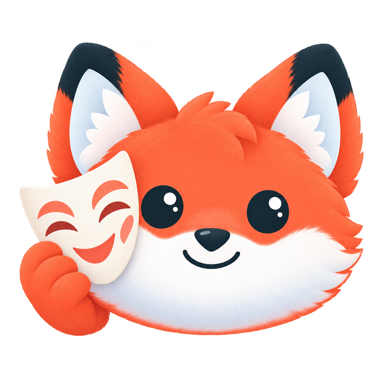 FakeLife's orange fox mascot looking directly ahead and holding a smiling mask