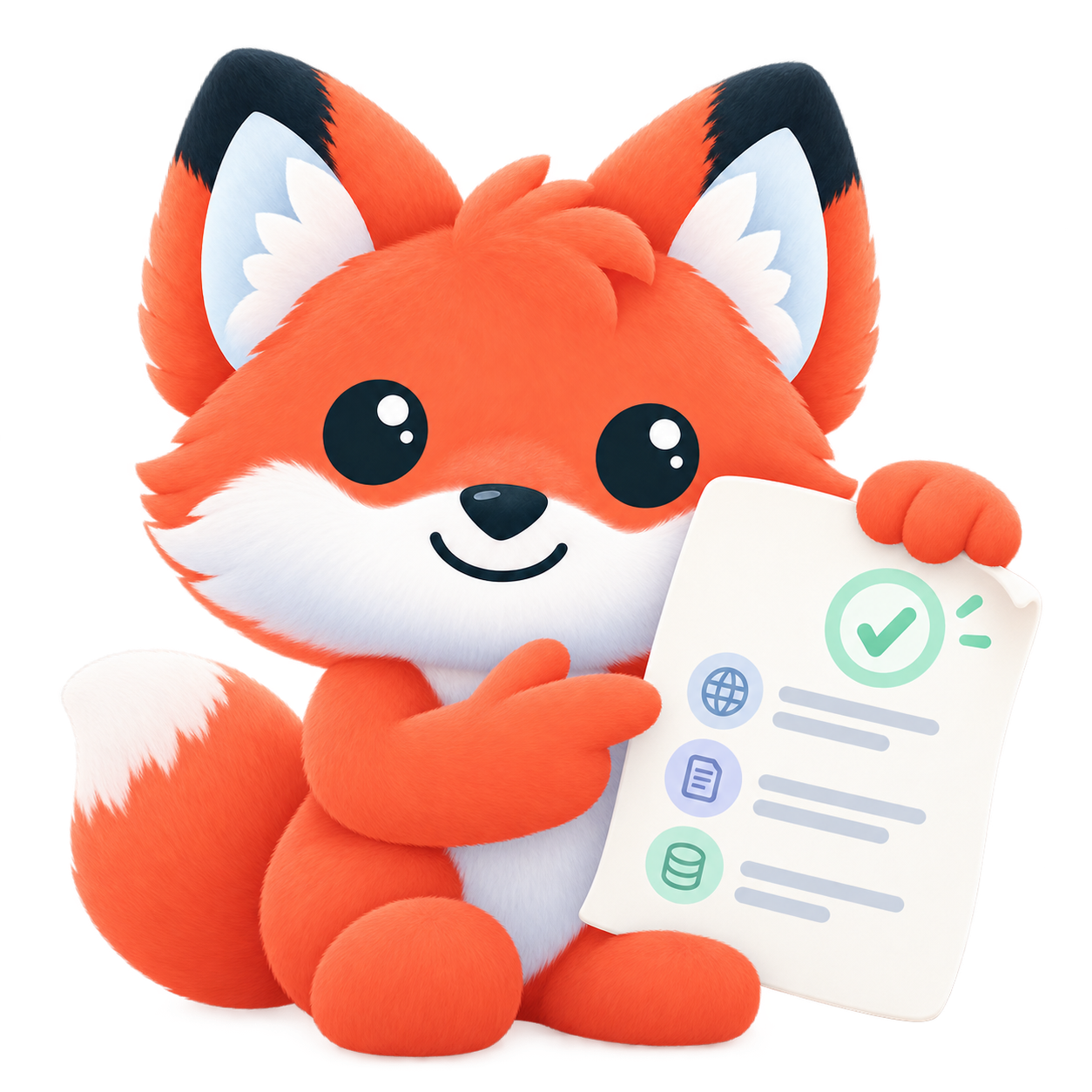 The FakeLife fox mascot holding an illustrated report